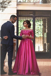 Gorgeous Satin Off Shoulder Long Sleeves Prom Dresses with Appliques