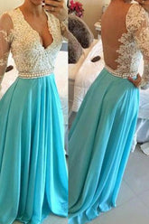 Open Back V-neck Chiffon Prom Dresses, Formal Dress With Long Sleeves