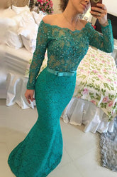 Turquoise Lace Floor-Length Off Shoulder Long Sleeves Prom Dress with Pearls