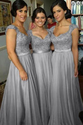 Chiffon Beaded Simple A-line Cap Sleeve Long Bridesmaid Dresses on line