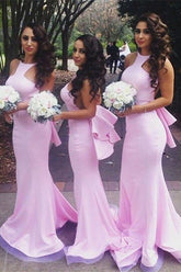 Fabulous Pink Halter Mermaid Open Back Bridesmaid Dresses with Ruffles