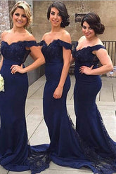 Charming Navy Off shoulder Lace Court Train Mermaid Bridesmaid Dress