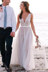 White Tulle Deep V Neck Lace Beach Wedding Dresses, Bridal Dresses