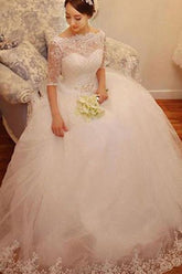 White Lace Tulle Half Sleeve Wedding Dresses with Beading, Bridal Gowns