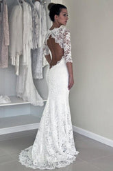 White Lace Open Back Long Sleeve Mermaid Long Wedding Dresses