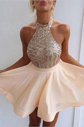 Elegant Halter Open Back Short Prom Dress, Homecoming Dresses with Beading