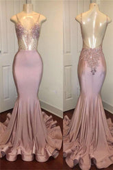 Trendy Pink Beads Spaghetti-Straps Party Dresses Mermaid Formal Dresses