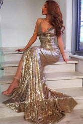 V-Neck Sequins Party Dresses Mermaid Evening Party Gowns With Slit