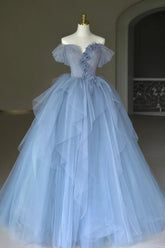 Tulle Floor Length Prom Dress, Off the Shoulder Evening Dress with 3D Flowers