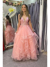 A-Line Prom Dresses Princess Dress Formal Floor Length Sleeveless V Neck Tulle Backless with Pleats Appliques