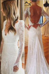 White Tulle Lace Open Back V-neck Mermaid Long Sleeve Wedding Dresses
