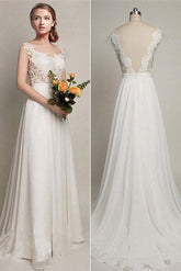 Chiffon A-Line V-back Wedding Party Dresses, Simple Lace Long Wedding Dress
