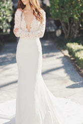 White Mermaid Deep V-Neck Long Sleeve Lace Wedding Dresses