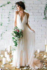 Chiffon Backless Cheap White Long Wedding Gowns, Beach Wedding Dresses