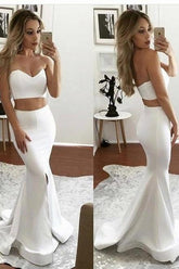 White Designer Two Pieces Formal Evening Dresses Mermaid Sweetheart Sleeveless Front Slit Formal Dresses