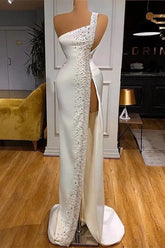 White Sleeveless Mermaid Prom Dress With High Split Beadings