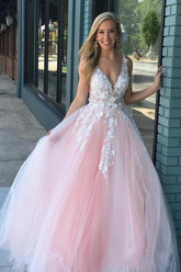 Wide Straps V-Neck Tulle Pink Prom Dress Applique Long