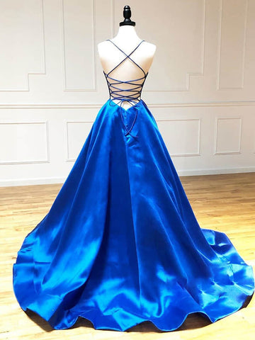 Satin A Line V Neck Long Prom Dress
