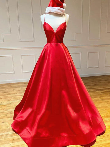 Satin A Line V Neck Long Prom Dress