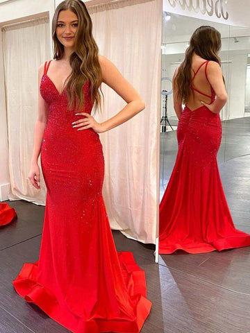Mermaid V Neck Beaded Jersey Prom Dress