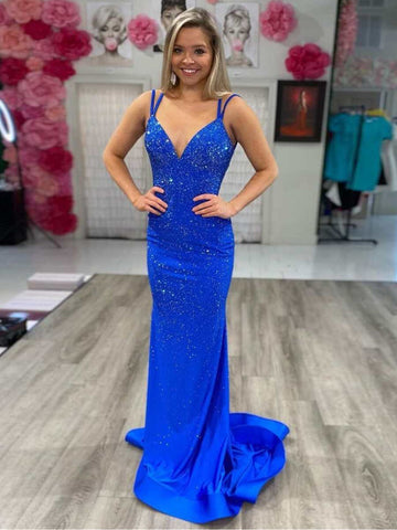 Mermaid V Neck Beaded Jersey Prom Dress