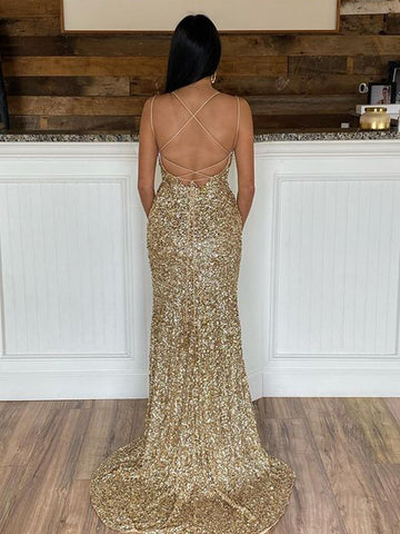 Mermaid Spaghetti Straps Long Sequins Prom Dress
