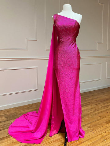 One Shoulder Glitter Mermaid Pink Long Prom Dress