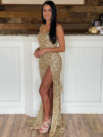 Mermaid Spaghetti Straps Long Sequins Prom Dress