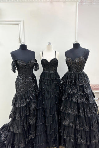 A-Linien-Ballkleid mit Spaghettiträgern und gestufter Spitze