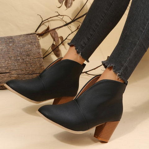 Retro Western V Cut Ankle Boots Slip On Chunky Stacked Heel Booties