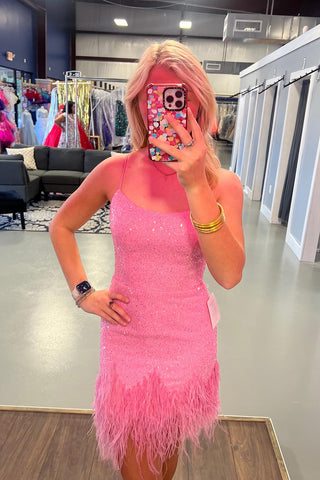 Sparkly Pink Spaghetti Straps Sequins Bodycon Homecoming Dress with Feather