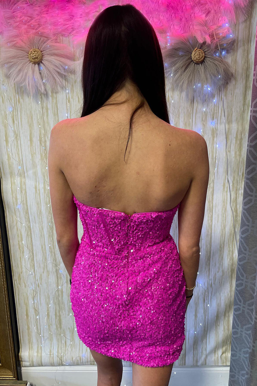 Sparkly Fuchsia Strapless Sequins Bodycon Corset Short Homecoming Dress