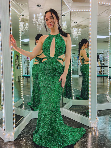 Cutout Mermaid Green Backless Long Prom Dress