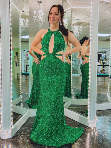 Cutout Mermaid Green Backless Long Prom Dress