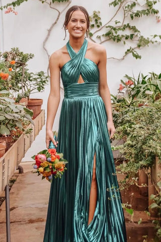 Metallic Blush Halter Neck A-Line Pleated Long Prom Dress with Slit
