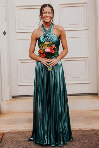 Metallic Blush Halter Neck A-Line Pleated Long Prom Dress with Slit