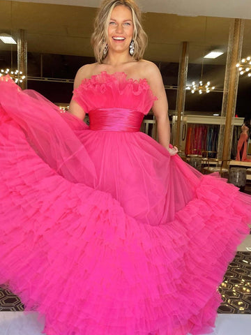 A-Line Strapless Pink Tiered Long Tulle Prom Dress