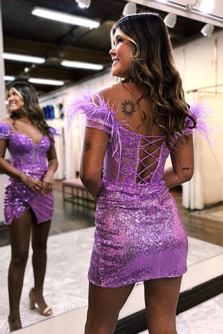 Sparkly Royal Blue Off the Shoulder Sequins Short Homecoming Dress with Feather