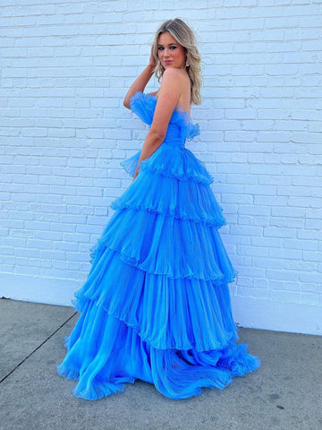 Strapless A-Line Tiered Crinkled Tulle Prom Dress