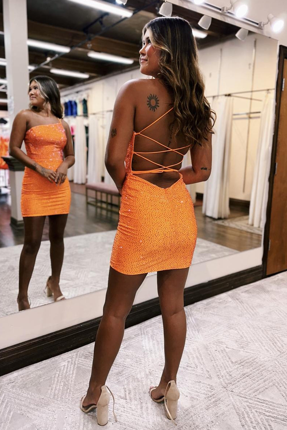 Glitter Orange Sheath One Shoulder Short Homecoming Dress with Beading