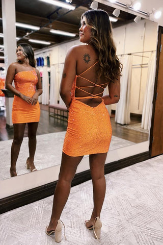 Glitter Orange Sheath One Shoulder Short Homecoming Dress with Beading