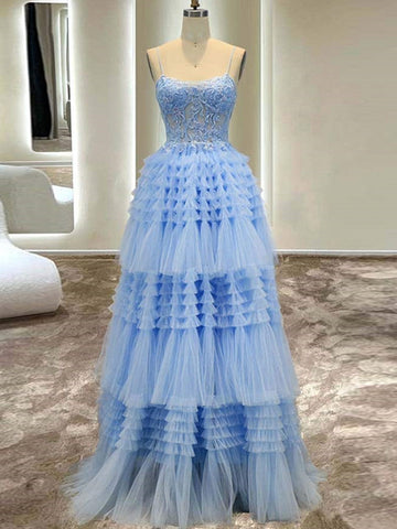 A-Linie Spaghettiträger Tüll Langes Ballkleid