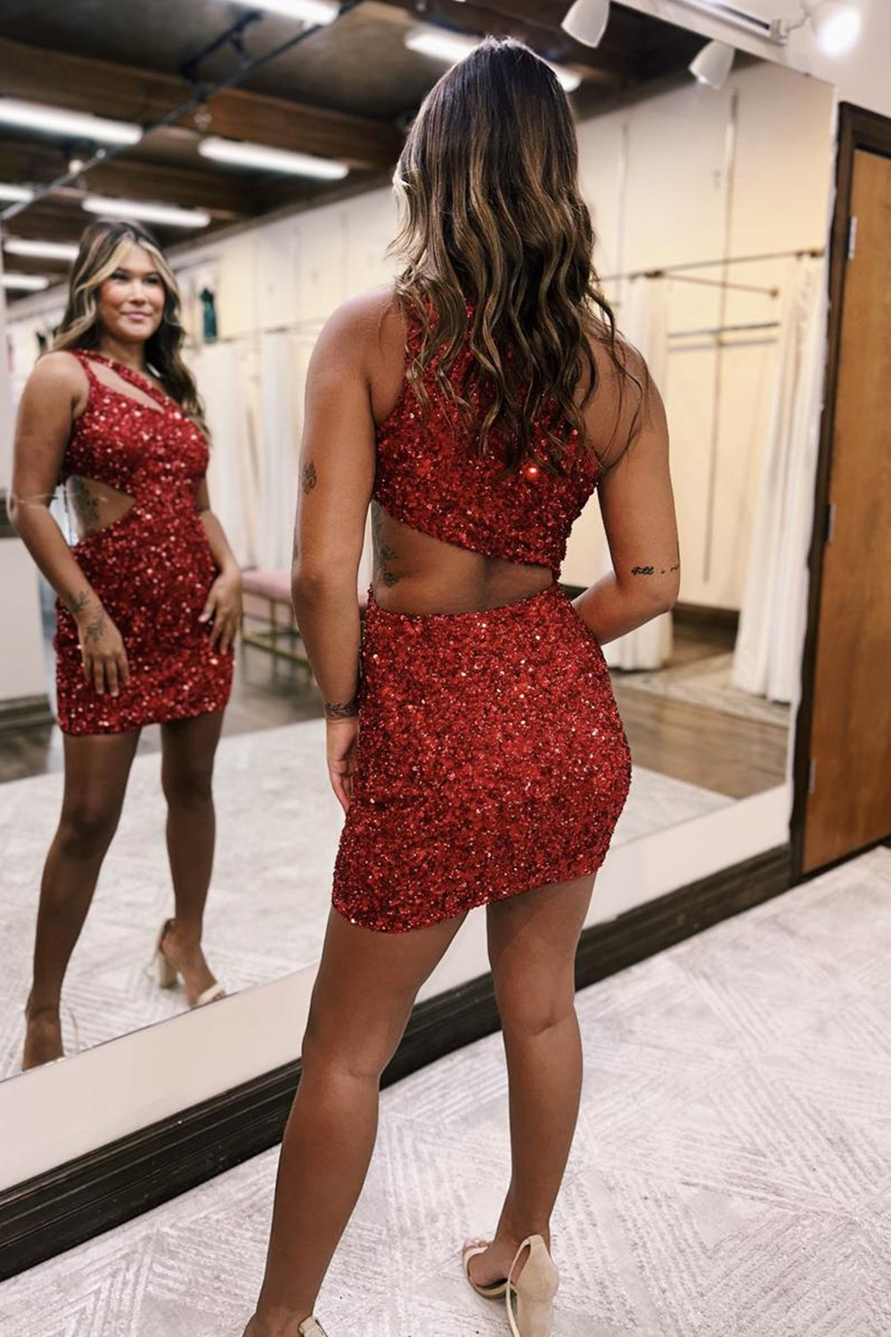 Sparkly Sequins One Shoulder Red Cut Out Short Homecoming Dress