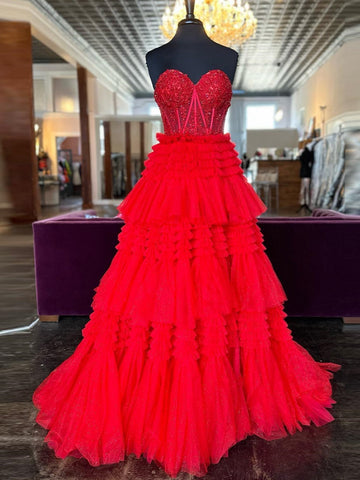 A-Line Sweetheart Tiered Long Tulle Prom Dress
