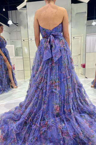 A-Line Sweetheart Floral Printed Tulle Prom Dress with Slit