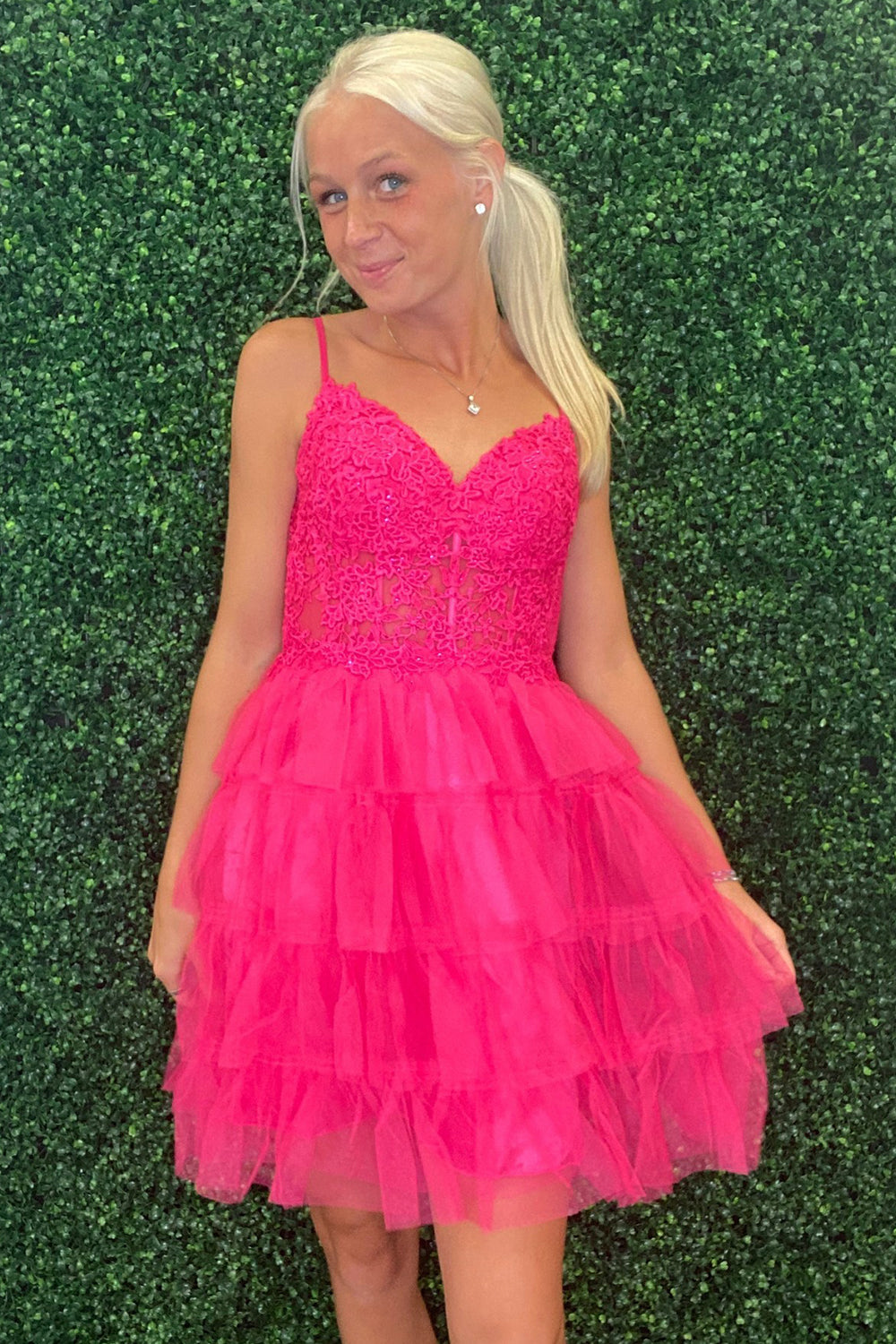 Fuchsia Spaghetti Straps A-Line Tulle Tiered Homecoming Dress with Appliques