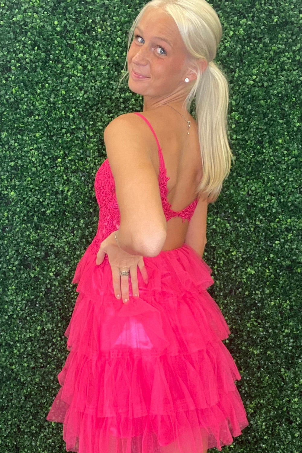 Fuchsia Spaghetti Straps A-Line Tulle Tiered Homecoming Dress with Appliques