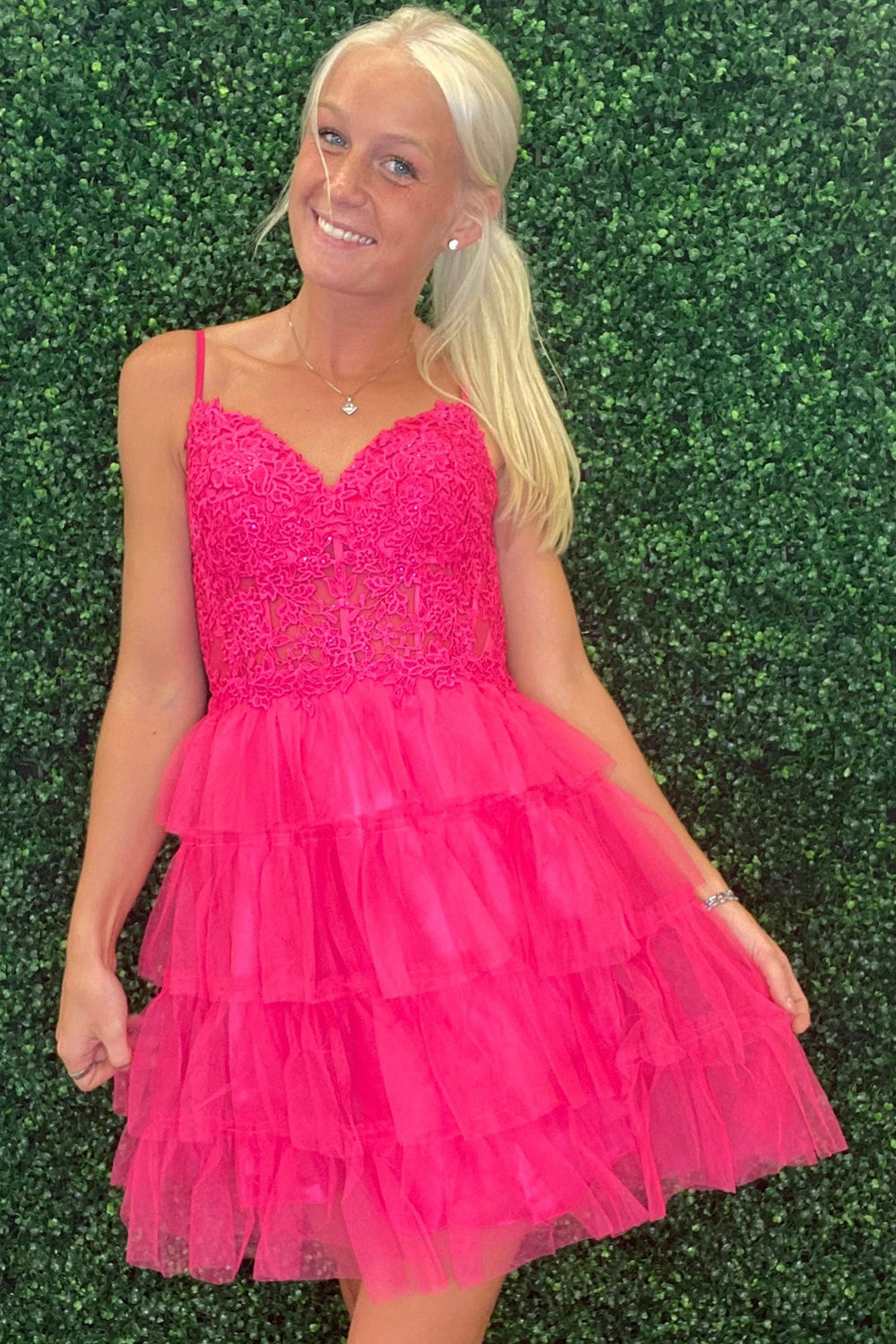 Fuchsia Spaghetti Straps A-Line Tulle Tiered Homecoming Dress with Appliques