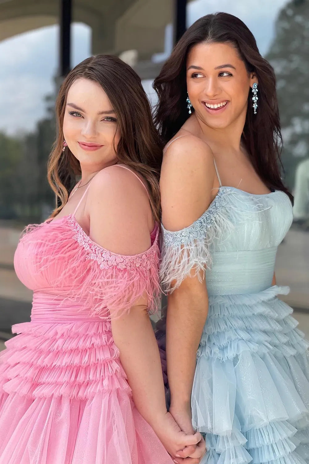 Blue Cold Shoulder A-Line Tulle Tiered Short Homecoming Dress with Feather