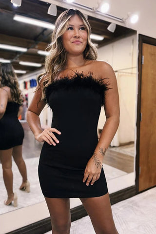Royal Blue Strapless Bodycon Short Homecoming Dress with Feather